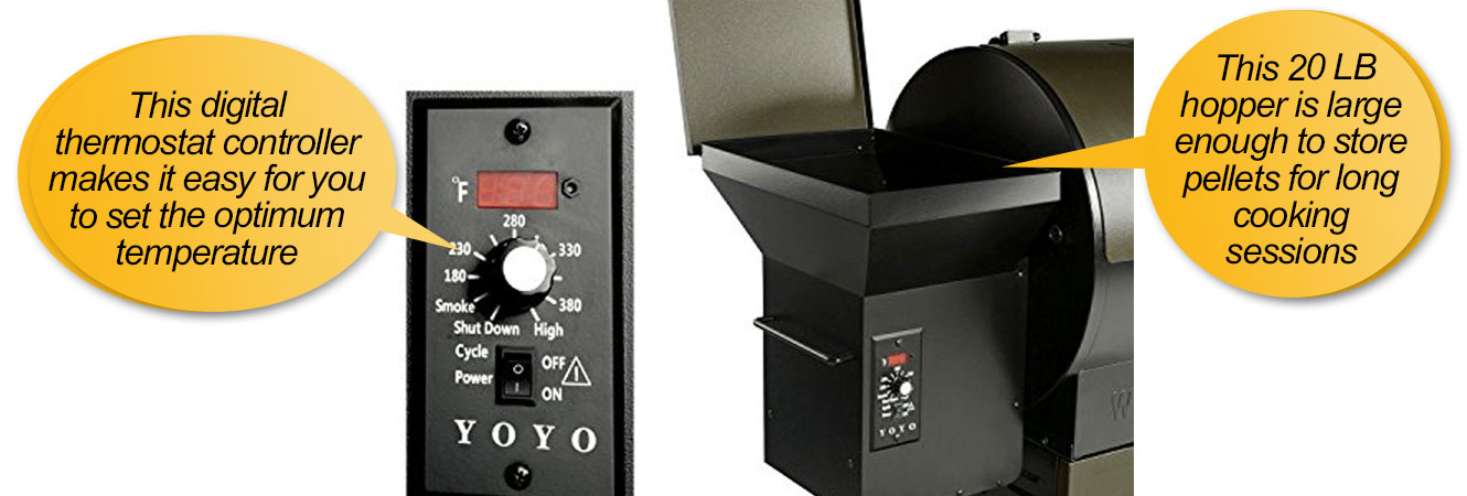 YOYO 684SQIN Wood Pellet Grills : Digital control unit, pellet hopper