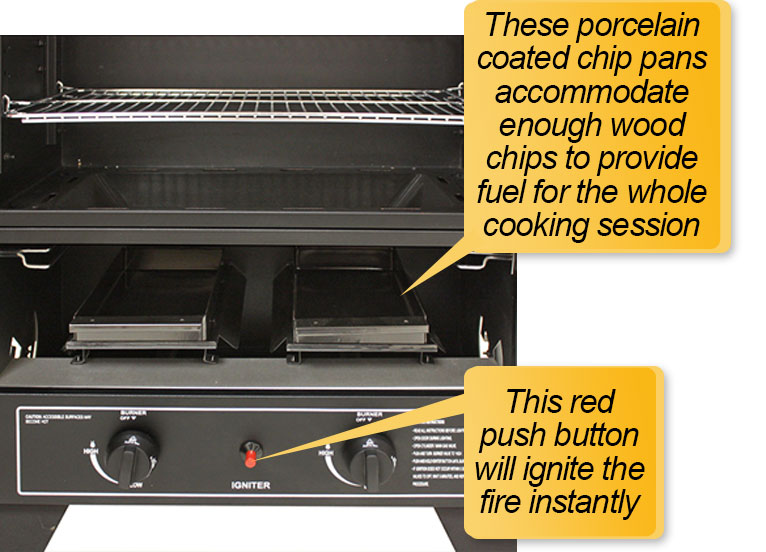 Smoke Hollow 44241G2: Dual wood chip pans or trays: red push button