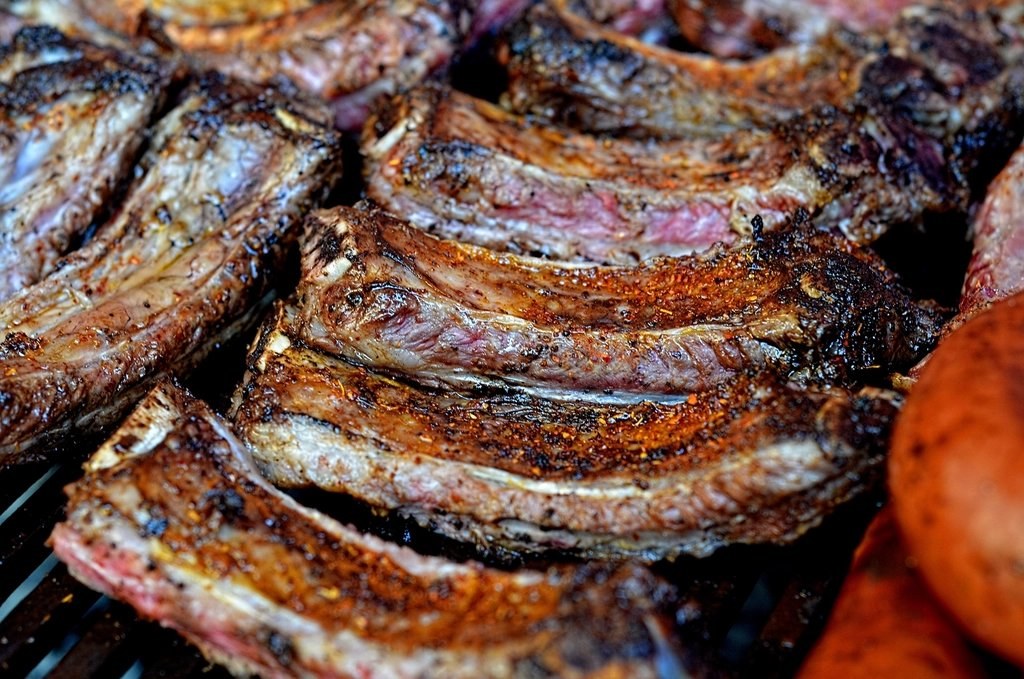 Slabs of ribs cooking low and slow