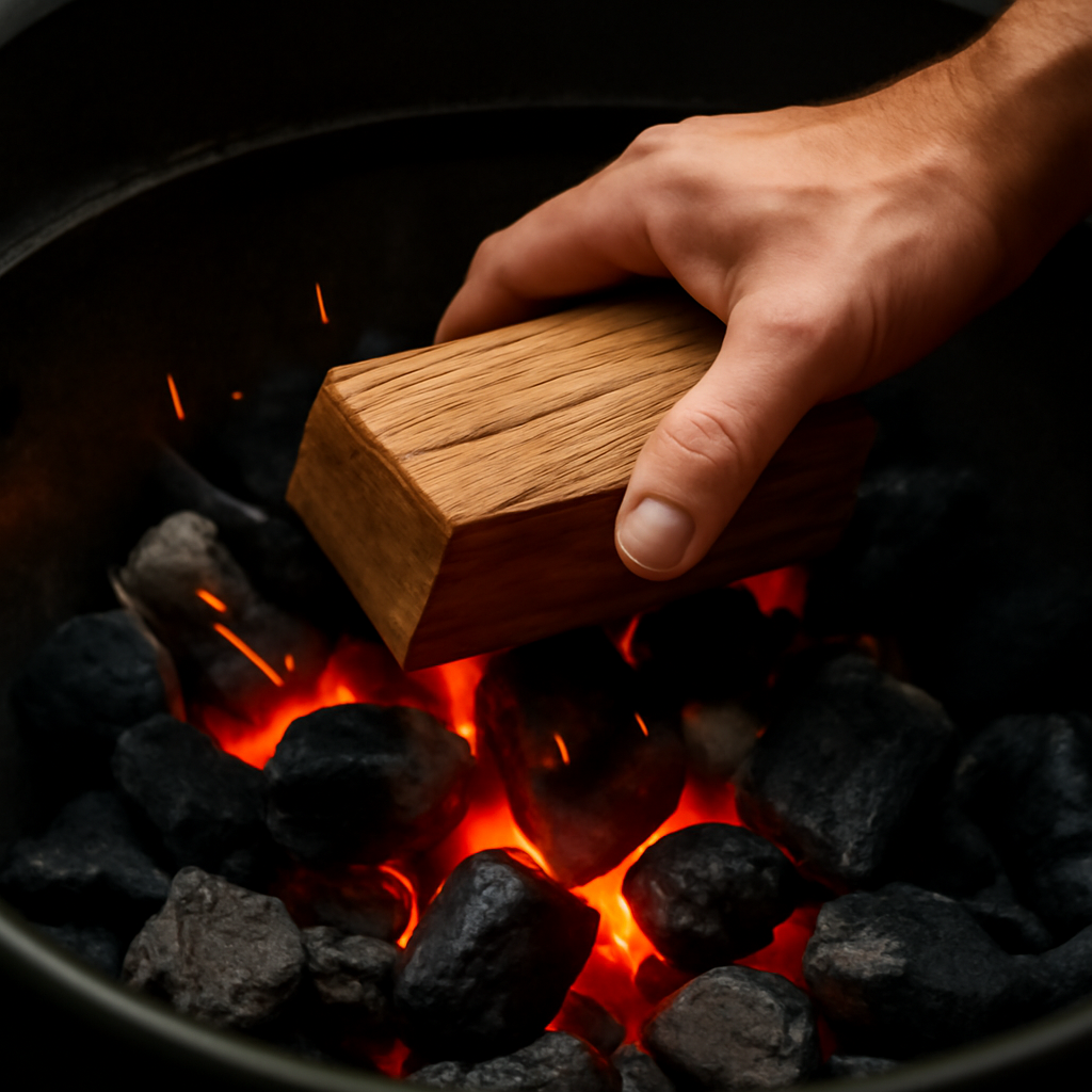 Hand placing a wood chunk onto glowing hot charcoal coals