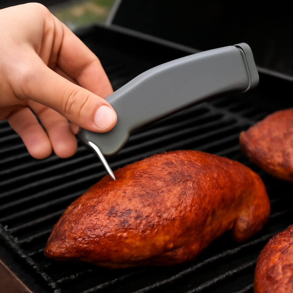 Hand checking the internal temperature of smoked chicken with a thermometer