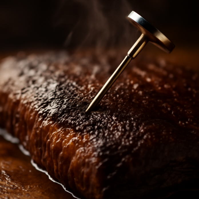Meat thermometer probe inserted into a smoked brisket Meat thermometer probe inserted into a smoked brisket