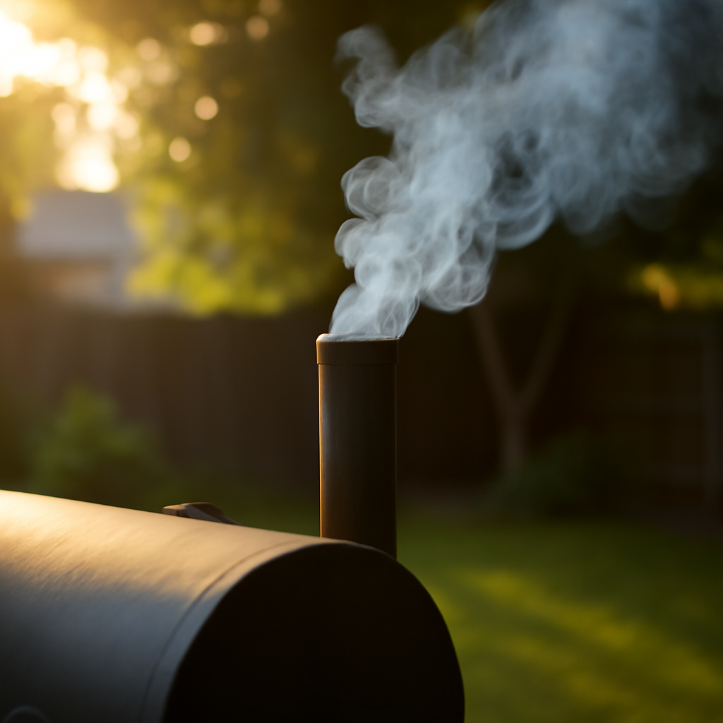 Smoke billowing from the chimney stack of an offset smoker