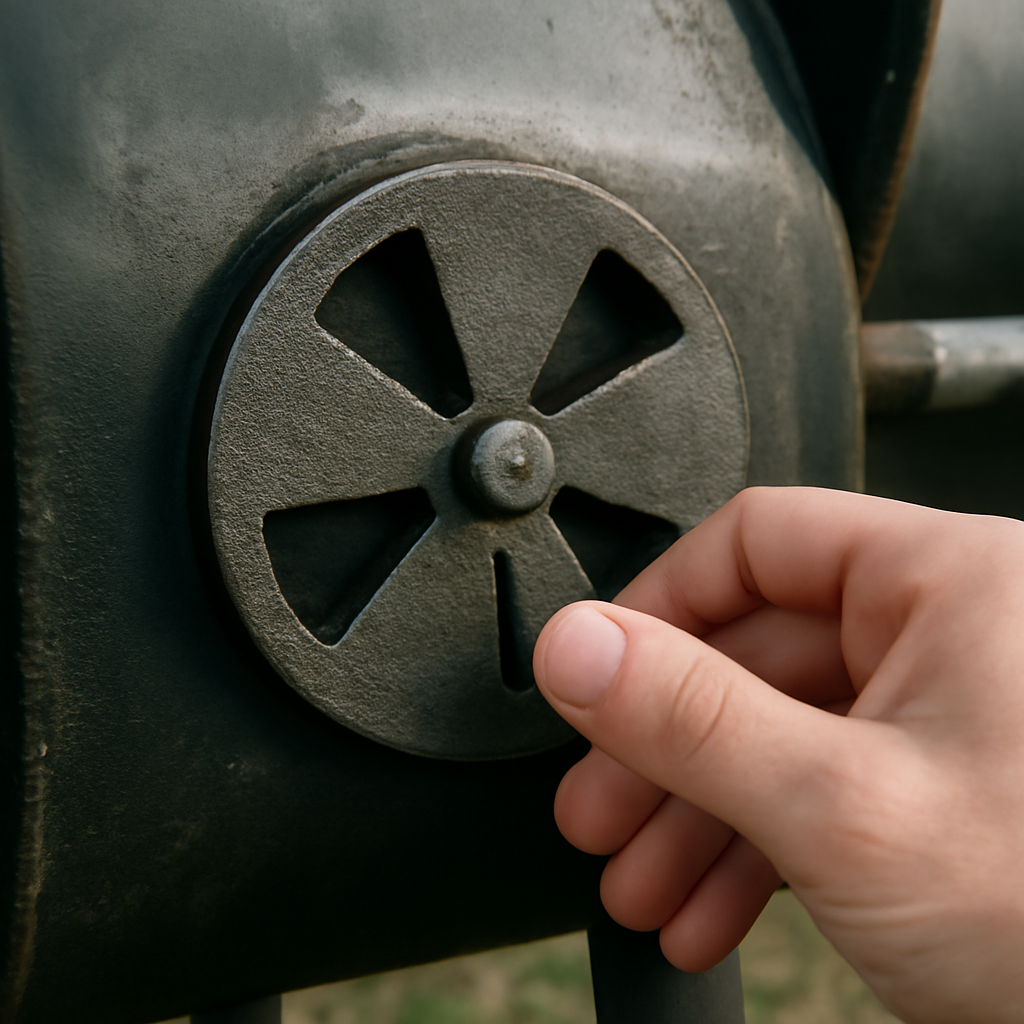 Hand adjusting the firebox damper vent on an offset smoker