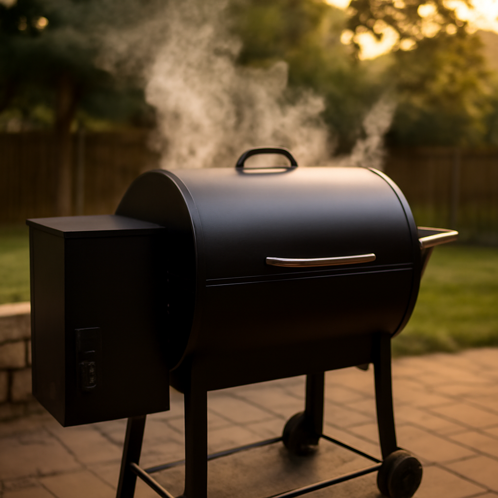 Pellet smoker running during a seasoning burn-in with light smoke