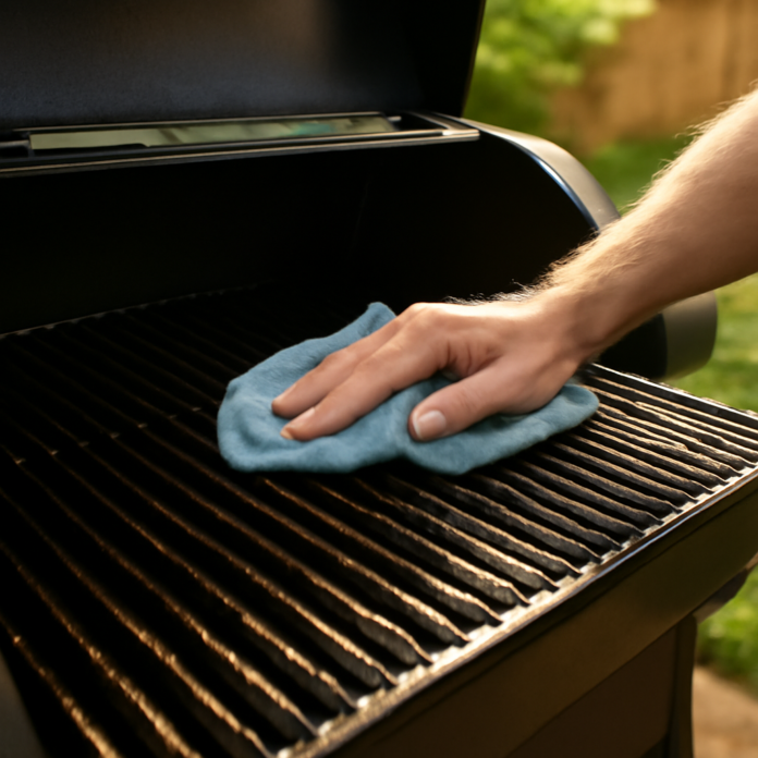 Wiping cooking oil onto pellet smoker grates to season a pellet smoker
