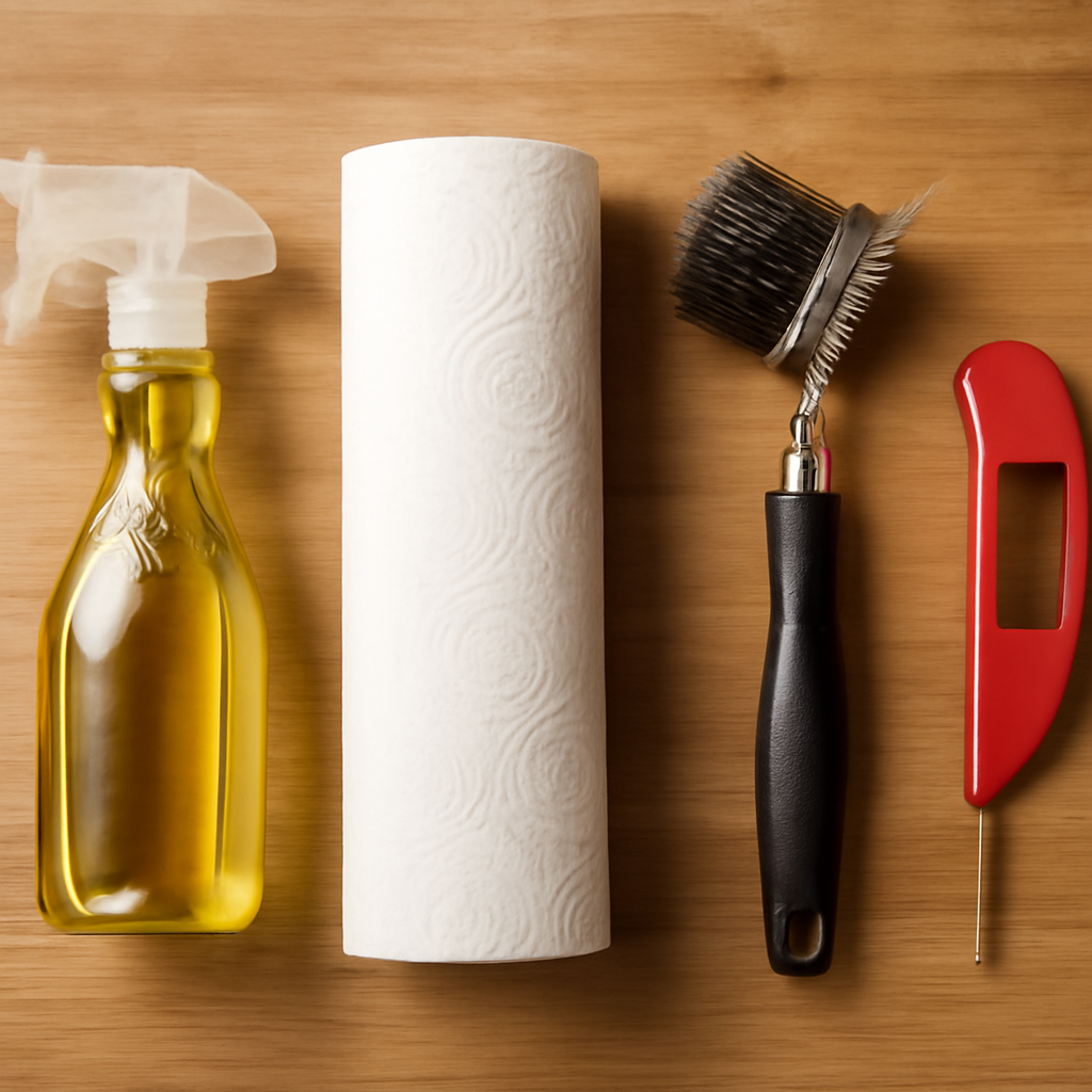 Cooking oil, paper towels, grill brush and thermometer for seasoning a smoker