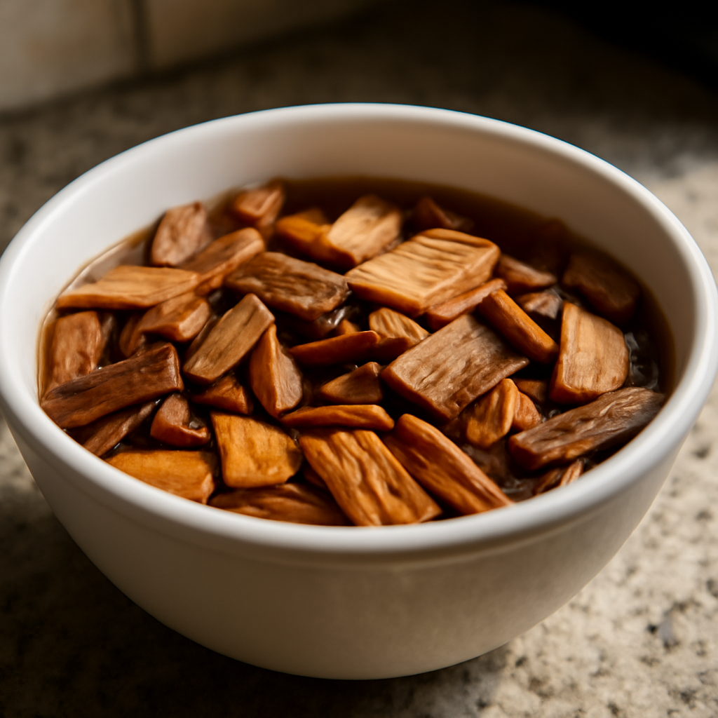 Wood smoking chips soaking in a bowl of water