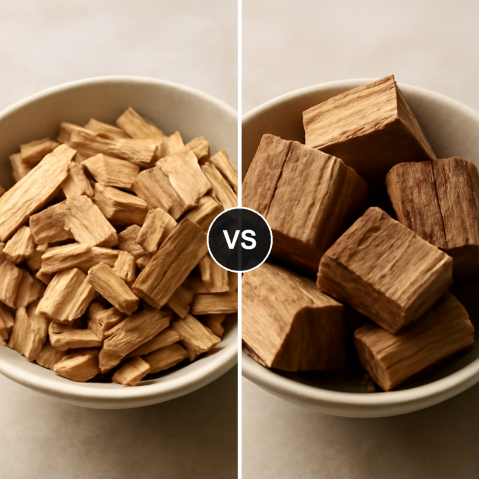 Wood smoking chips versus wood smoking chunks side by side comparison